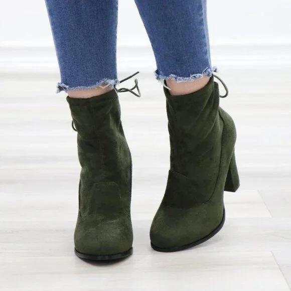 Ankle Heeled Boots High Block Heel Round Toe Olive Green Faux Suede High Shaft - Picture 11 of 15